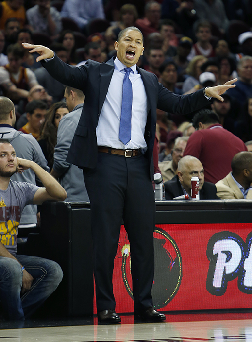 Cleveland Cavaliers' head coach Tyronn Lue directs his team against the Orlando Magic during the first half of an NBA preseason basketball game Wednesday, Oct. 5, 2016, in Cleveland. (AP Photo/Ron Schwane)