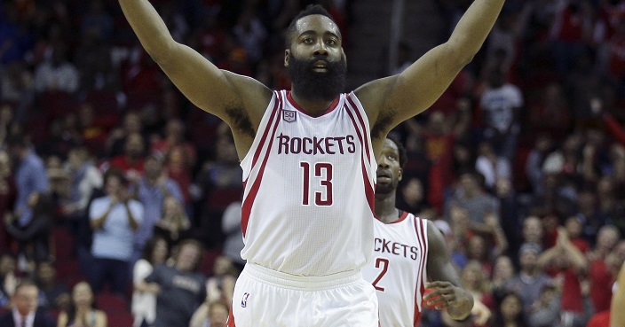 Houston Rockets guard James Harden (13) reacts after making a 3-point shot against the Utah Jazz in the second half of an NBA basketball game on Saturday, Nov. 19, 2016, in Houston. Houston won 111-102. (AP Photo/Bob Levey)