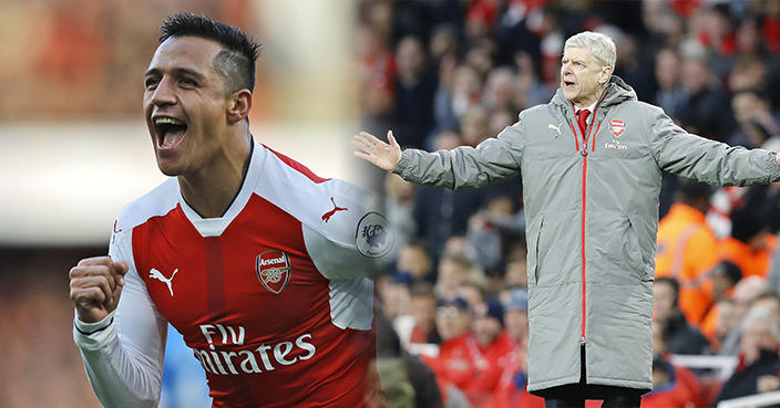 Arsenal's Alexis Sanchez celebrates after scoring during the English Premier League soccer match between Arsenal and Bornemouth at Emirates stadium in London, Sunday, Nov. 27, 2016.(AP Photo/Frank Augstein)