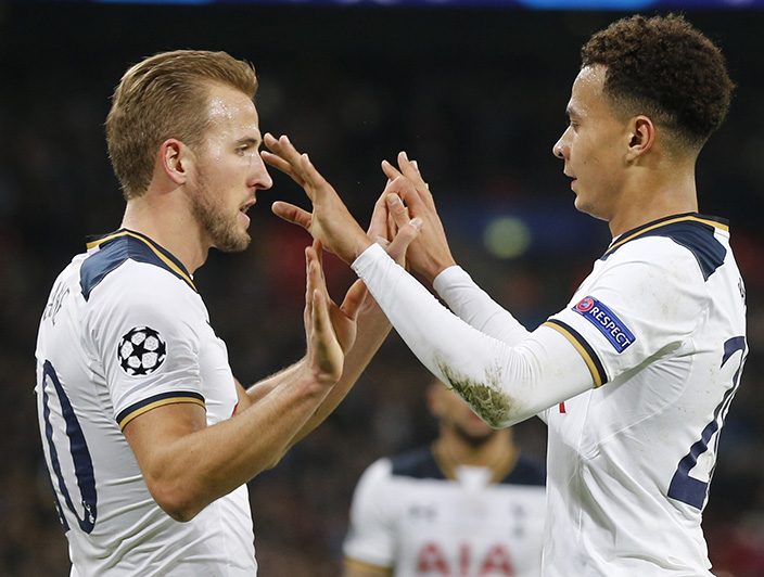 Tottenham's Dele Alli, right, is congratulated by his teammate Harry Kane after scoring his side's 3rd goal past CSKA goalkeeper Igor Akinfeev during the Champions League group E soccer match between Tottenham Hotspur and CSKA Moscow at Wembley stadium in London, Wednesday, Dec. 7, 2016. (AP Photo/Frank Augstein)