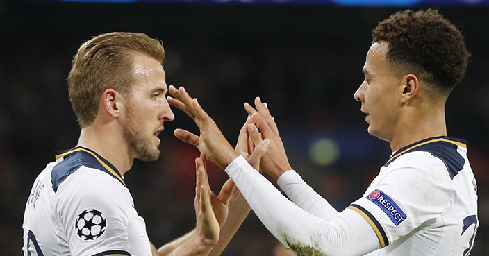 Tottenham's Dele Alli, right, is congratulated by his teammate Harry Kane after scoring his side's 3rd goal past CSKA goalkeeper Igor Akinfeev during the Champions League group E soccer match between Tottenham Hotspur and CSKA Moscow at Wembley stadium in London, Wednesday, Dec. 7, 2016. (AP Photo/Frank Augstein)