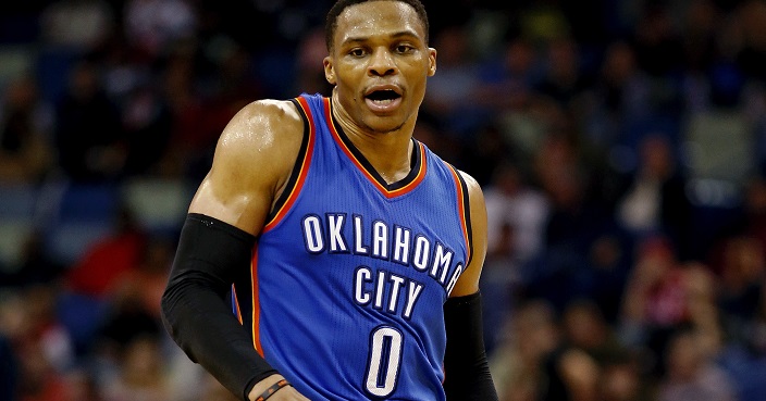 Oklahoma City Thunder guard Russell Westbrook dances between plays during the second half of the team's NBA basketball game against the New Orleans Pelicans in New Orleans, Wednesday, Dec. 21, 2016. (AP Photo/Max Becherer)