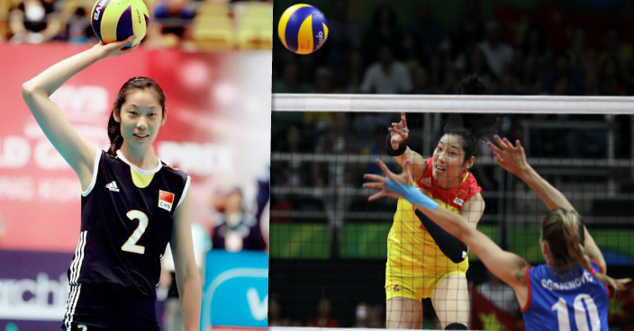 China's Zhu Ting, left, spikes the ball past Serbia's Maja Ognjenovic during a women's gold medal volleyball match at the 2016 Summer Olympics in Rio de Janeiro, Brazil, Saturday, Aug. 20, 2016. (AP Photo/Jeff Roberson)