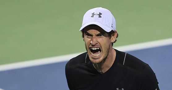 Andy Murray of Great Britain reacts after he missed a ball against Philipp Kohlschreiber of Germany during a quarter final match of the Dubai Tennis Championships, in Dubai, United Arab Emirates, Thursday, March 2, 2017. (AP Photo/Kamran Jebreili)