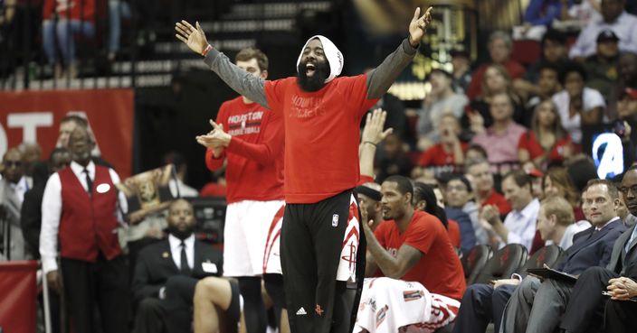 Houston Rockets' James Harden celebrates after a Sam Dekker dunk against the Los Angeles Lakers during the second half of an NBA basketball game Wednesday, March 15, 2017, in Houston. The Rockets won 139-100. (AP Photo/David J. Phillip)