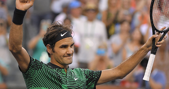 Roger Federer, of Switzerland, celebrates after beating Rafael Nadal, of Spain, at the BNP Paribas Open tennis tournament, Wednesday, March 15, 2017, in Indian Wells, Calif. (AP Photo/Mark J. Terrill)