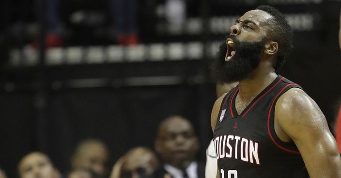 Houston Rockets' James Harden yells after a Oklahoma City Thunder turnover during the second half in Game 1 of an NBA basketball first-round playoff series, Sunday, April 16, 2017, in Houston. (AP Photo/David J. Phillip)