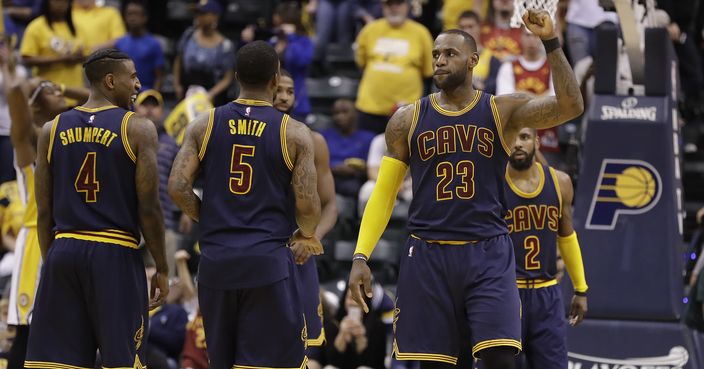 Cleveland Cavaliers' LeBron James reacts after hitting a free throw in the closing seconds in Game 4 of a first-round NBA basketball playoff series against the Indiana Pacers, Sunday, April 23, 2017, in Indianapolis. Cleveland defeated Indiana 106-102 and won the series 4-0. (AP Photo/Darron Cummings)