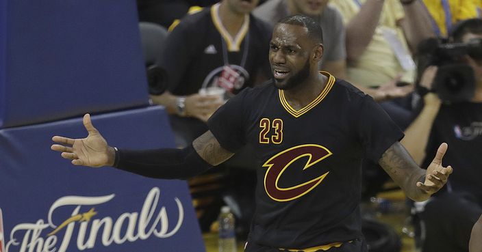 Cleveland Cavaliers forward LeBron James (23) reacts during the first half of Game 2 of basketball's NBA Finals against the Golden State Warriors in Oakland, Calif., Sunday, June 4, 2017. (AP Photo/Marcio Jose Sanchez)