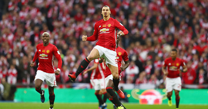 LONDON, ENGLAND - FEBRUARY 26:  Zlatan Ibrahimovic of Manchester United (9) celebrates as he scores their first goal during the EFL Cup Final match between Manchester United and Southampton at Wembley Stadium on February 26, 2017 in London, England.  (Photo by Michael Steele/Getty Images)