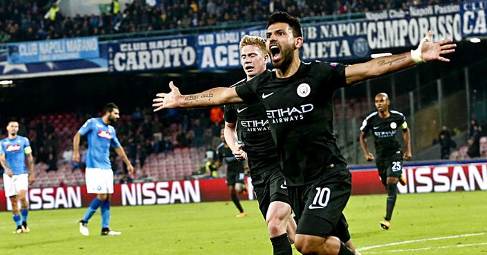 Manchester City's Sergio Aguero celebrates after scoring during the Champions League Group F soccer match between Napoli and Manchester City, at the San Paolo stadium in Naples, Italy, Wednesday, Nov. 1, 2017. (Ciro Fusco/ANSA via AP)