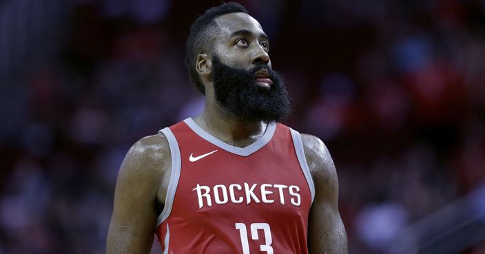 Houston Rockets guard James Harden (13) looks at the scoreboard as it's announced he has made a career high score against the Utah Jazz in the second half of an NBA basketball game, Sunday, Nov. 5, 2017, in Houston. (AP Photo/Michael Wyke)