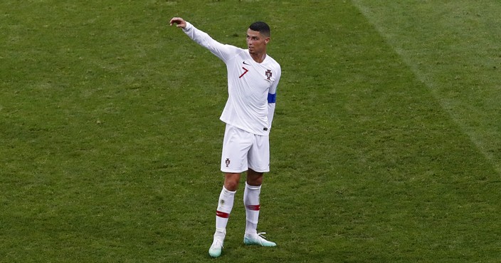 Portugal's Cristiano Ronaldo gestures during the round of 16 match between Uruguay and Portugal at the 2018 soccer World Cup at the Fisht Stadium in Sochi, Russia, Saturday, June 30, 2018. (AP Photo/Darko Vojinovic)