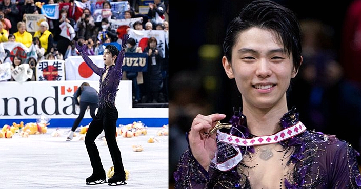 Yuzuru Hanyu, of Japan, salutes the crowd at the end of his free program in the men's competition at Skate Canada International in Kelowna, B.C., Canada, Saturday, Oct. 26, 2019. (Paul Chiasson/The Canadian Press via AP)